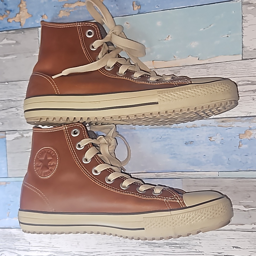 CONVERSE ALL STAR TAN LEATHER HI TOP Unisex-MENS SIZE 10.5/ WOMENS SIZE 12.5 - Picture 4 of 10